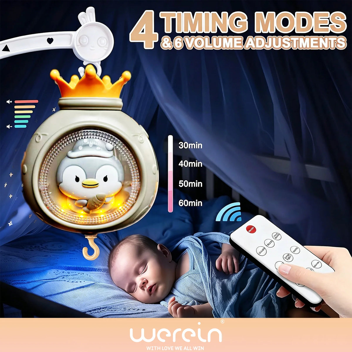 Werein Baby Crib Mobile with Remote Control Projection Musical Bed Bell Soft Night Light Lullaby Rotating Hanging Toy