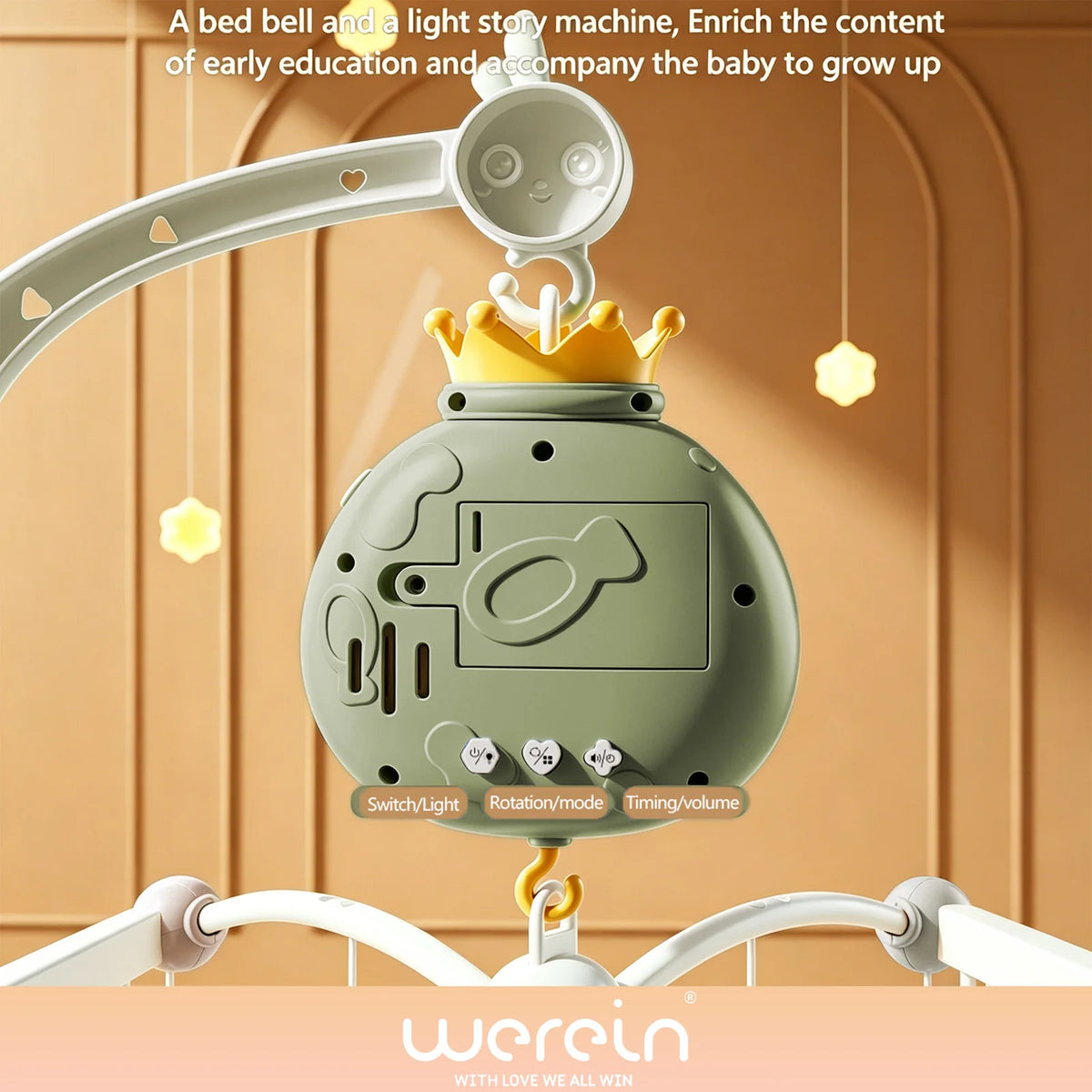 Werein Baby Crib Mobile with Remote Control Projection Musical Bed Bell Soft Night Light Lullaby Rotating Hanging Toy