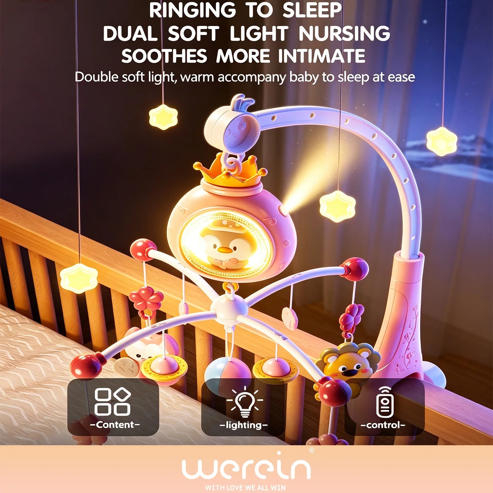 Werein Baby Crib Mobile with Remote Control Projection Musical Bed Bell Soft Night Light Lullaby Rotating Hanging Toy